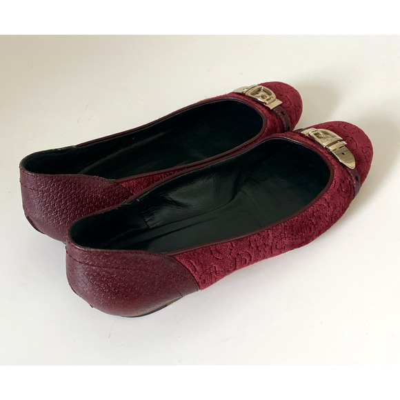 GUCCI Ballet Flat Burgundy Red Velvet Velour Round Toe Gold Buckle Equestrian 9 - Picture 8 of 14